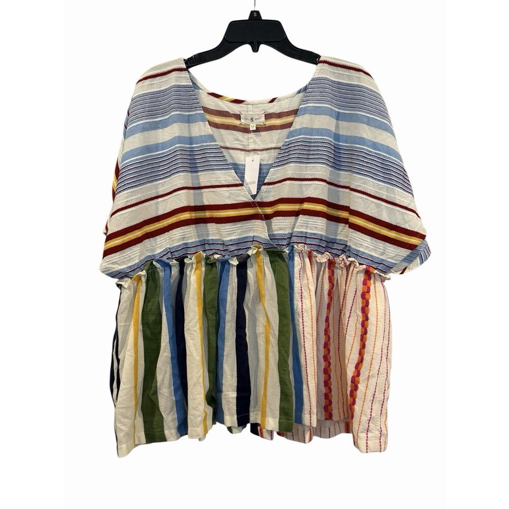 NWT Lou & Grey Multicolored Stitch Peplum Top Womens’ XXL Boho Rainbow Preppy